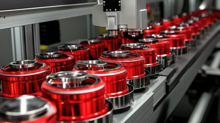 Fototapeta premium Robotic sheet metal stamping production line, pressing steel parts with high accuracy, polished steel background enhancing the look