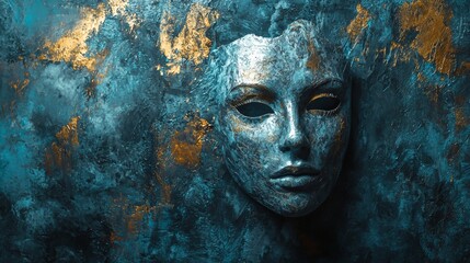 Mystical blue face sculpture with gold accents