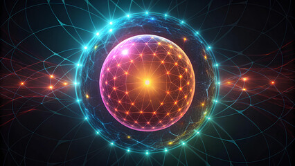 Obraz premium hitech background vibrant hitech sphere glows against dark background, showcasing intricate patterns and radiant energy