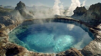 A crystal-clear hot spring surrounded by jagged rocks and steam rising into the air digital