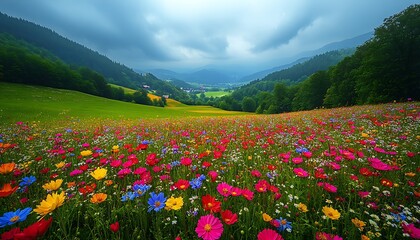 Obraz premium A vibrant meadow of colorful wildflowers beneath cloudy mountain skies