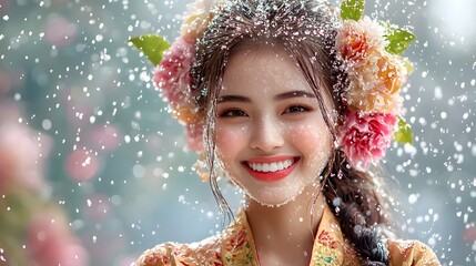 Fototapeta premium A smiling young woman with a vibrant flower crown surrounded by lush foliage and sparkling raindrops radiating happiness and a serene connection with the natural world