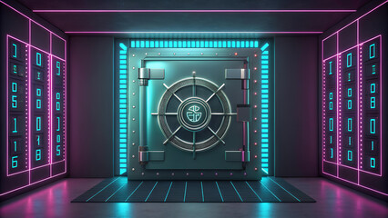hitech background futuristic hitech vault door stands prominently against vibrant background, illuminated by neon lights that create captivating