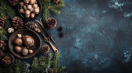Dark vintage culinary setup with mushrooms and spices