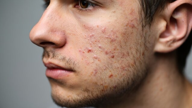 Portrait of young man with acne on skin close-up