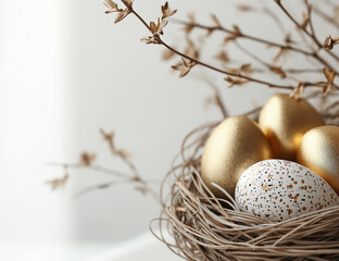 Luxury Easter Nest with Speckled & Golden Eggs – Premium Minimalist Composition