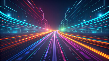Obraz premium hitech background vibrant hitech background showcases dynamic light trails racing through futuristic cityscape, evoking sense of speed