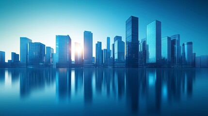 Obraz premium A 3D-rendered city skyline in vibrant blue hues, contemporary buildings with reflective glass and sleek facades, smooth gradients blending the foreground into the horizon 