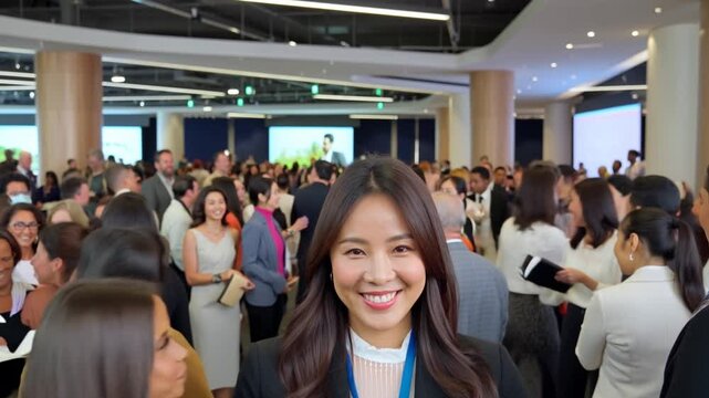 Smiling young asian businesswoman at crowded business networking convention