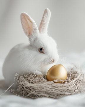 Premium Easter Concept: Fluffy White Rabbit & Golden Egg on Clean Background &ndash; Luxury Holiday Branding