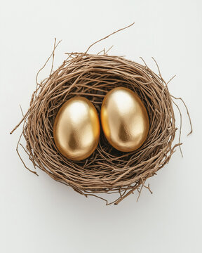Luxury Easter Golden Egg in Natural Bird&rsquo;s Nest on White &ndash; Minimalist Holiday Concept