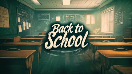 text "Back to School" in classic, serif font with nostalgic touch, old-school chalkboards and handwritten notes.
