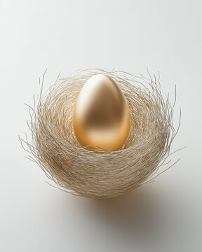 Minimalist Luxury: Golden Easter Egg in Delicate Woven Nest on White