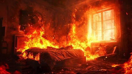 A bed engulfed in roaring flames, furniture collapsing under the heat, choking smoke pouring out through shattered windows, fiery red and orange tones 