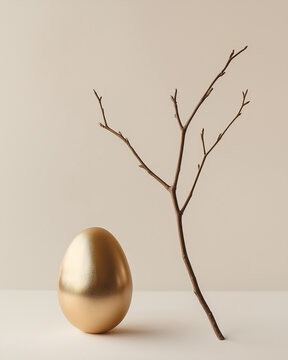 Luxury Easter Elegance: Golden Egg & Organic Branch on Pure White