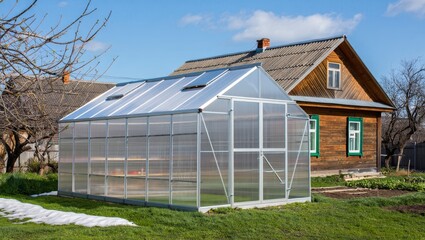 Obraz premium Greenhouse beside wooden house in rural garden