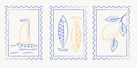 Sen of Summer postal stamps with sailor boat, sardines and lemon © Svitlana Tolmach 