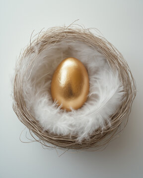 Ethereal Easter Elegance: Golden Egg in Feather Nest on Pristine White