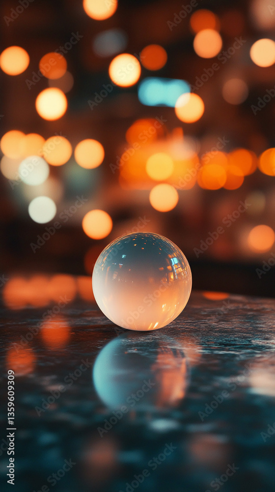 Poster Translucent sphere on dark surface, reflecting blurred orange lights, creating a serene and minimalist scene, showcasing product or text placement