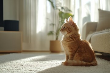 serene ginger cat sitting gracefully on a soft rug in a sunlit living room, with plants in the background