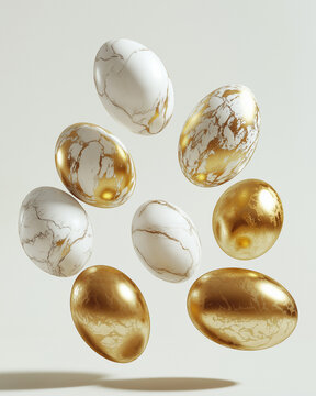 Luxury Floating Easter Eggs: Golden & Marble Illusion on Pristine White &ndash; Premium Branding Ready