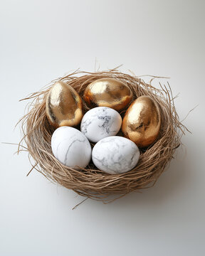Modern Luxury Easter Nest: Marble & Golden Eggs in Natural Straw &ndash; Branding Ready