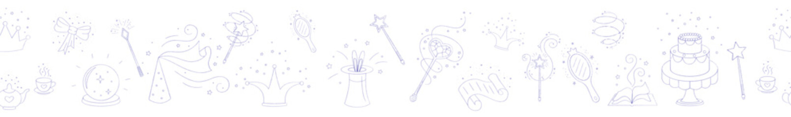 Magic wands and elements doodle seamless border. Fairytale element in sketch style. Hand drawn vector illustration isolated on white background