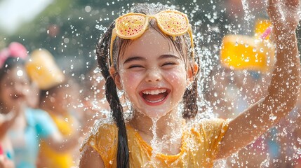 Obraz premium Carefree young girl with pigtails and sunglasses laughing gleefully as she plays in the refreshing water sprinkler on a sunny summer day