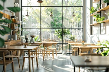 High Definition Visual of Front View on Bright Cafe Interior with Panoramic Windows