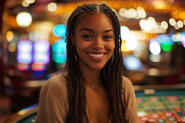 A Smiling Woman Enjoying Herself at a Bright Casino Table Surrounded by Neon Lights