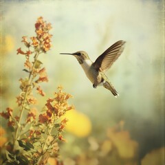 Fototapeta premium Hummingbird in Flight Over Yellow Flowers