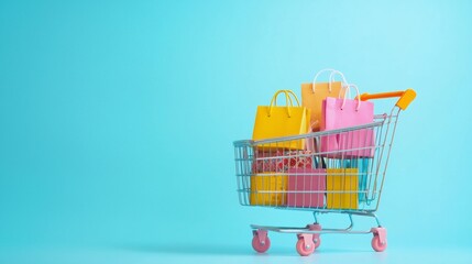 Shopping cart filled with colorful gift bags