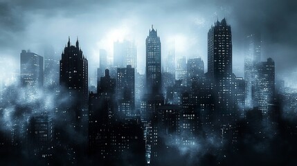A dark, dystopian Gotham City at night, towering skyscrapers shrouded in shadows, neon lights flickering against the grimy facades, a somber atmosphere filled with swirling fog 