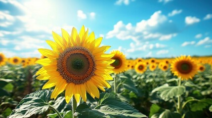 Fototapeta premium Vibrant Sunflower Field Stretching Towards a Blue Sky
