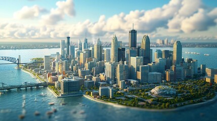 Naklejka premium A dramatic Detroit skyline panorama, buildings leaning at a tilted angle for dynamic effect, the city modern architecture and historic structures highlighted against the Ambassador Bridge 