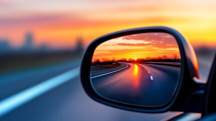Rearview mirror reflection of a winding road at sunset, symbolizing nostalgia and reminiscence of past 