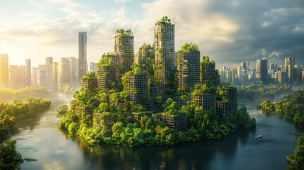 Eco-City Island: A Futuristic Metropolis Reclaimed by Nature