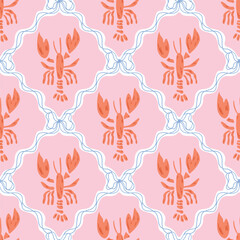Pink whimsical lobster seamless pattern decorated coquette bows and ribbon. Vector summer damask print, ocean beach vibes, cute coastal background. Female geometric rhombus ornament.