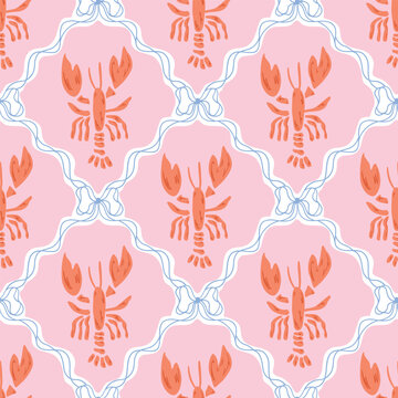 Pink whimsical lobster seamless pattern decorated coquette bows and ribbon. Vector summer damask print, ocean beach vibes, cute coastal background. Female geometric rhombus ornament.