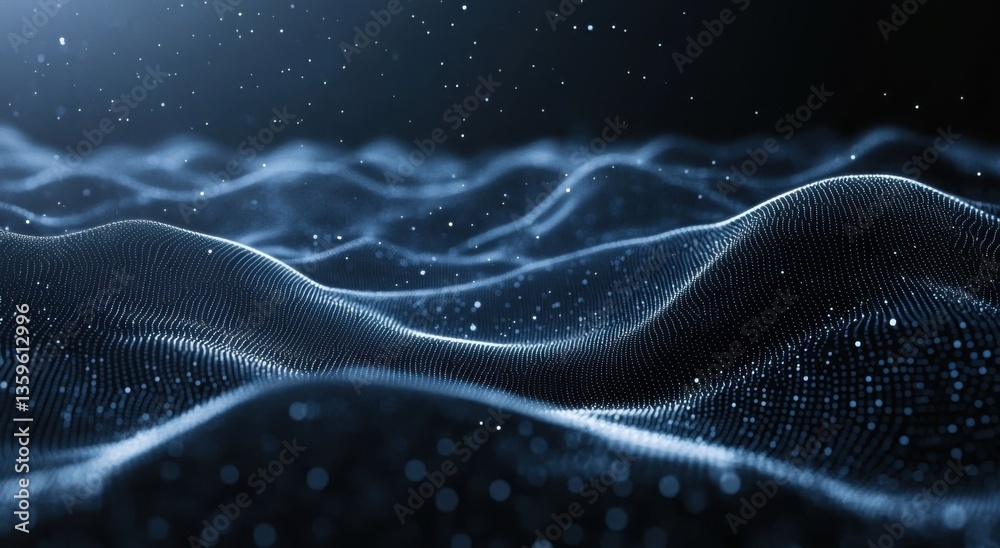 Poster Abstract digital waves and dots on a dark blue background, representing the flow of data in the big data era. Digital technology concept. Abstract futuristic landscape with light particles.