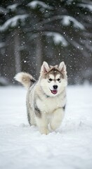 Fluffy Alaskan Malamute Puppy Dog Playing in Snowy Winter Landscape