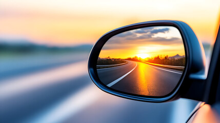 Rearview mirror reflection of a winding road at sunset, symbolizing nostalgia and reminiscence of past 