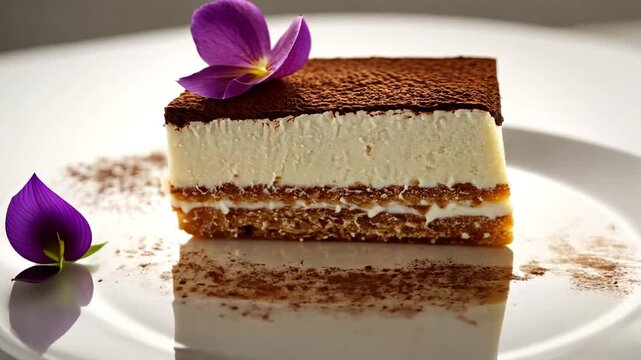 A beautifully presented slice of tiramisu dessert adorned with edible flower on a white surface.