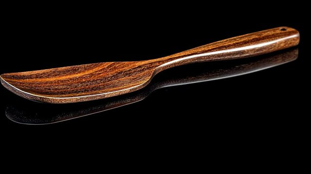 Wooden serving spoon displayed on a black surface highlighting its craftsmanship and unique design