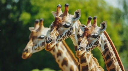 Three giraffes stand together in a lush green landscape under a clear blue sky, showcasing patterns and gracefulness