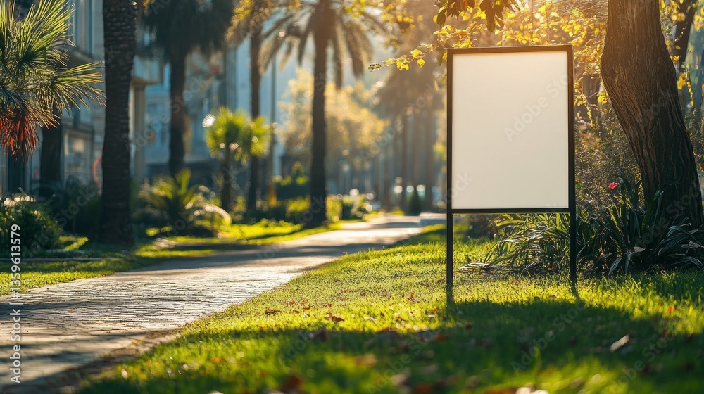 Poster golden sunlight bathes a tranquil park pathway lined with palm trees. a blank signboard stands at th