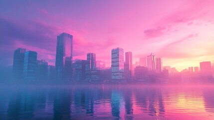 Fototapeta premium A glowing pastel sunset over a modern city skyline, the colors gently blending across the sky and skyscraper facades, the water below shimmering with delicate reflections 