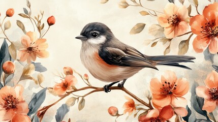 Serene Watercolor Bird Amongst Peach Blossoms