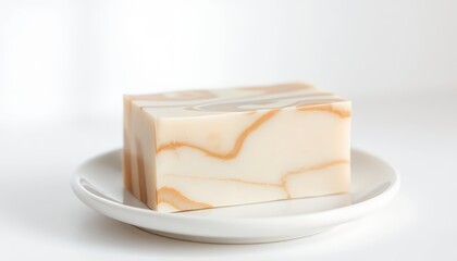Artisan Handmade Soap Bar with Beige and White Marble Swirls on a White Plate