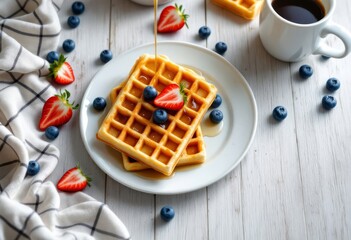 Golden waffles drizzled with syrup, topped with fresh strawberries and blueberries, served on a rustic table setting. A comforting breakfast composition with vibrant fruits and a cozy atmosphere.